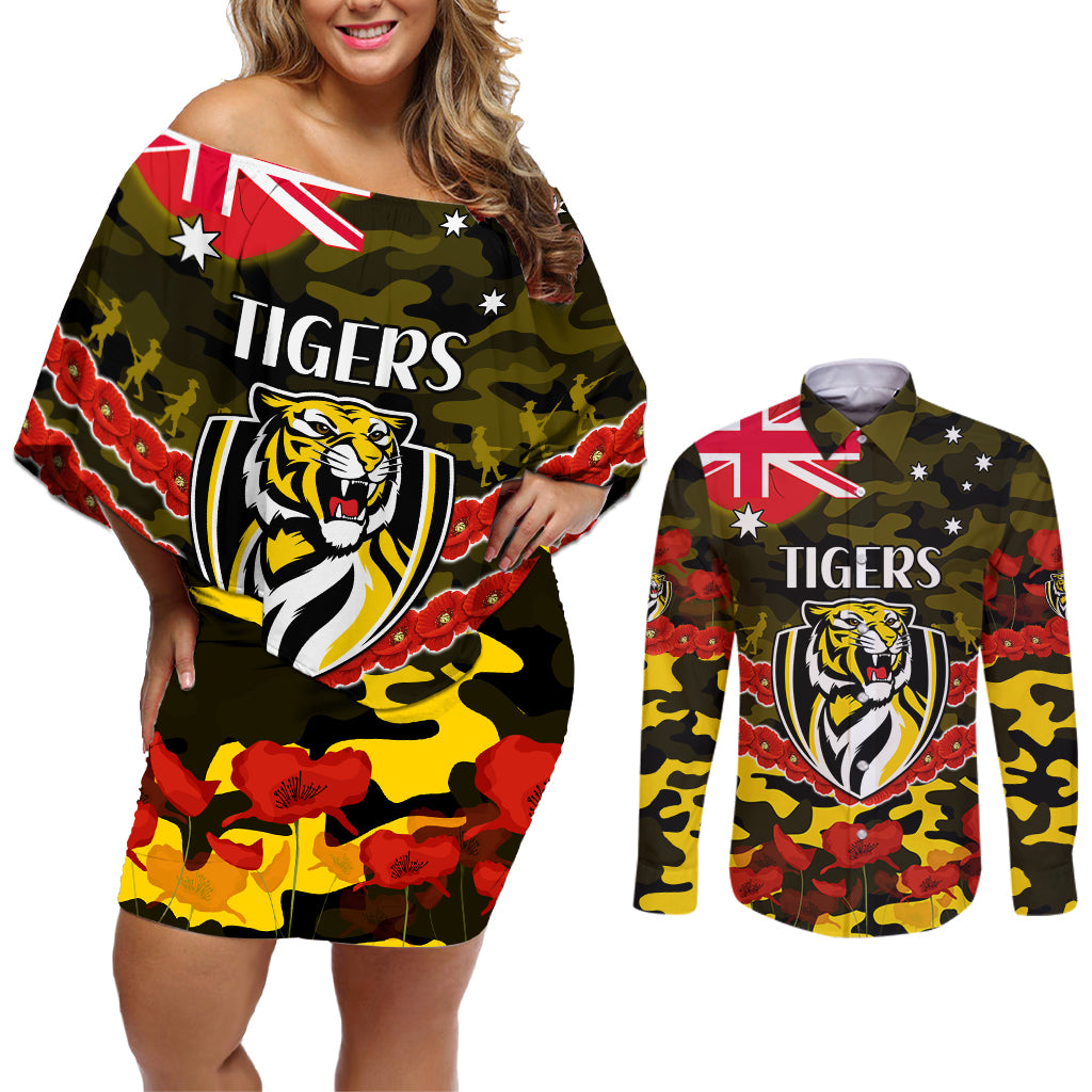 Custom Richmond Tigers Football Couples Matching Off Shoulder Short Dress and Long Sleeve Button Shirt ANZAC Lest We Forget