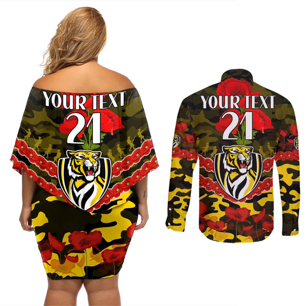 Custom Richmond Tigers Football Couples Matching Off Shoulder Short Dress and Long Sleeve Button Shirt ANZAC Lest We Forget