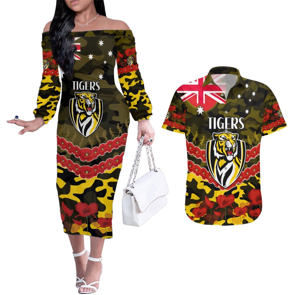 Custom Richmond Tigers Football Couples Matching Off The Shoulder Long Sleeve Dress and Hawaiian Shirt ANZAC Lest We Forget