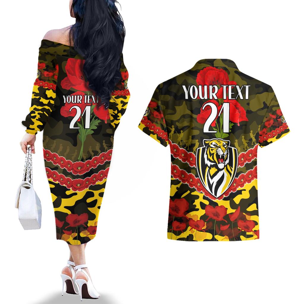 Custom Richmond Tigers Football Couples Matching Off The Shoulder Long Sleeve Dress and Hawaiian Shirt ANZAC Lest We Forget