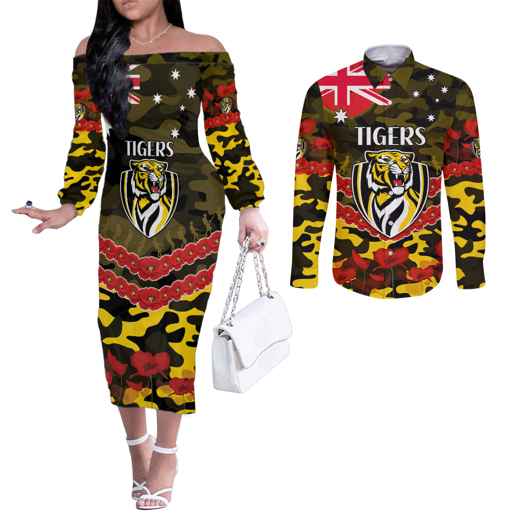 Custom Richmond Tigers Football Couples Matching Off The Shoulder Long Sleeve Dress and Long Sleeve Button Shirt ANZAC Lest We Forget