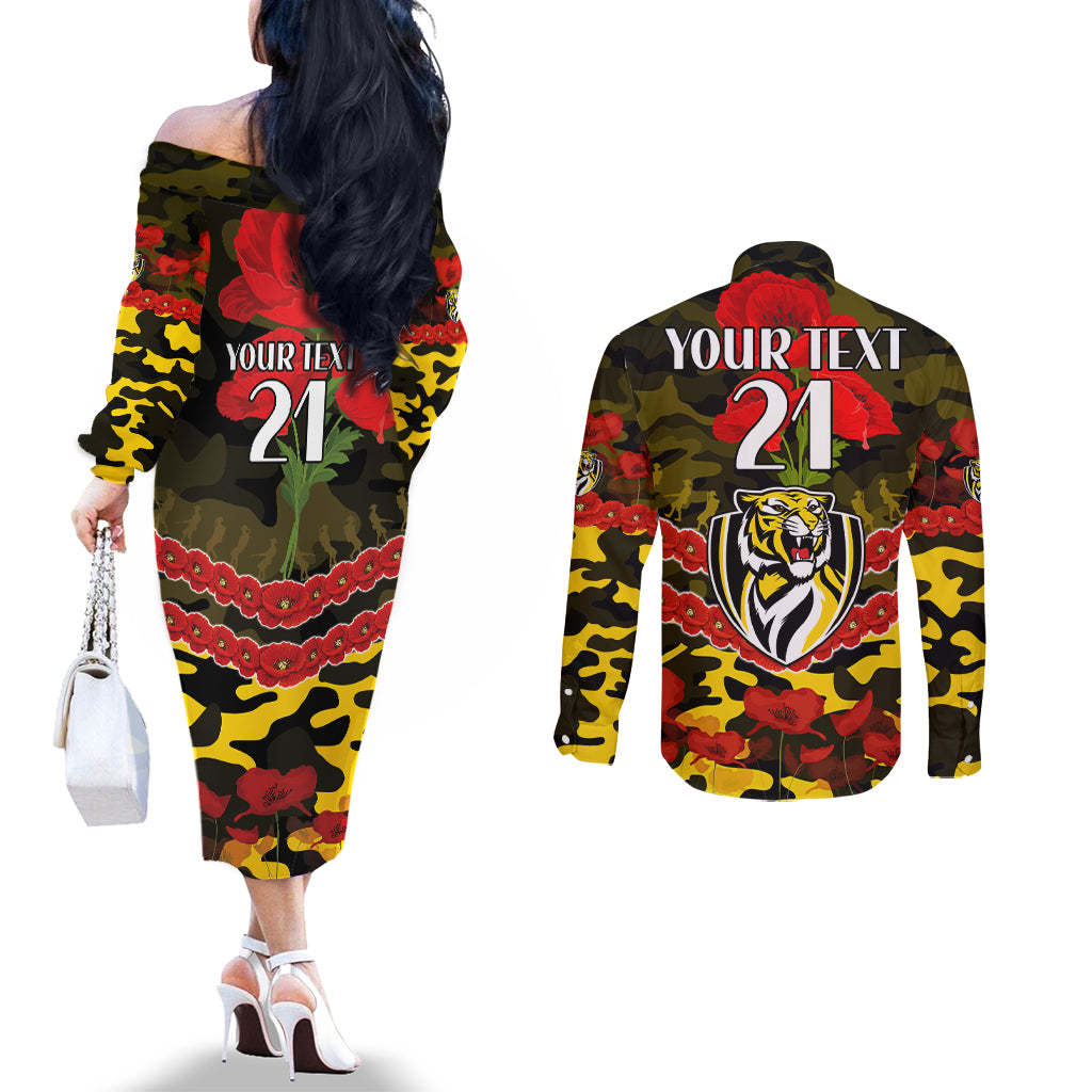 Custom Richmond Tigers Football Couples Matching Off The Shoulder Long Sleeve Dress and Long Sleeve Button Shirt ANZAC Lest We Forget