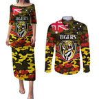 Custom Richmond Tigers Football Couples Matching Puletasi and Long Sleeve Button Shirt ANZAC Lest We Forget