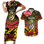 Custom Richmond Tigers Football Couples Matching Short Sleeve Bodycon Dress and Hawaiian Shirt ANZAC Lest We Forget