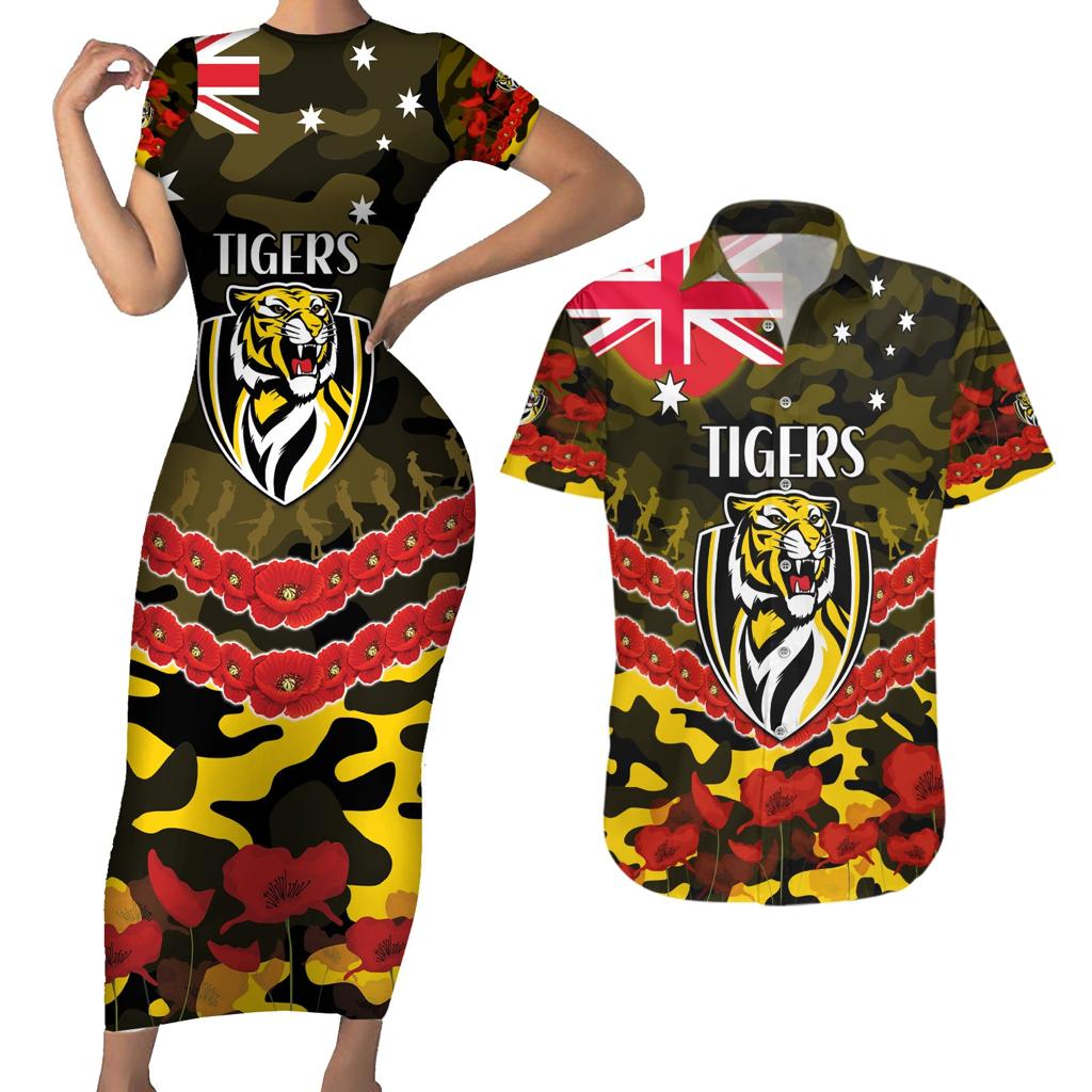 Custom Richmond Tigers Football Couples Matching Short Sleeve Bodycon Dress and Hawaiian Shirt ANZAC Lest We Forget
