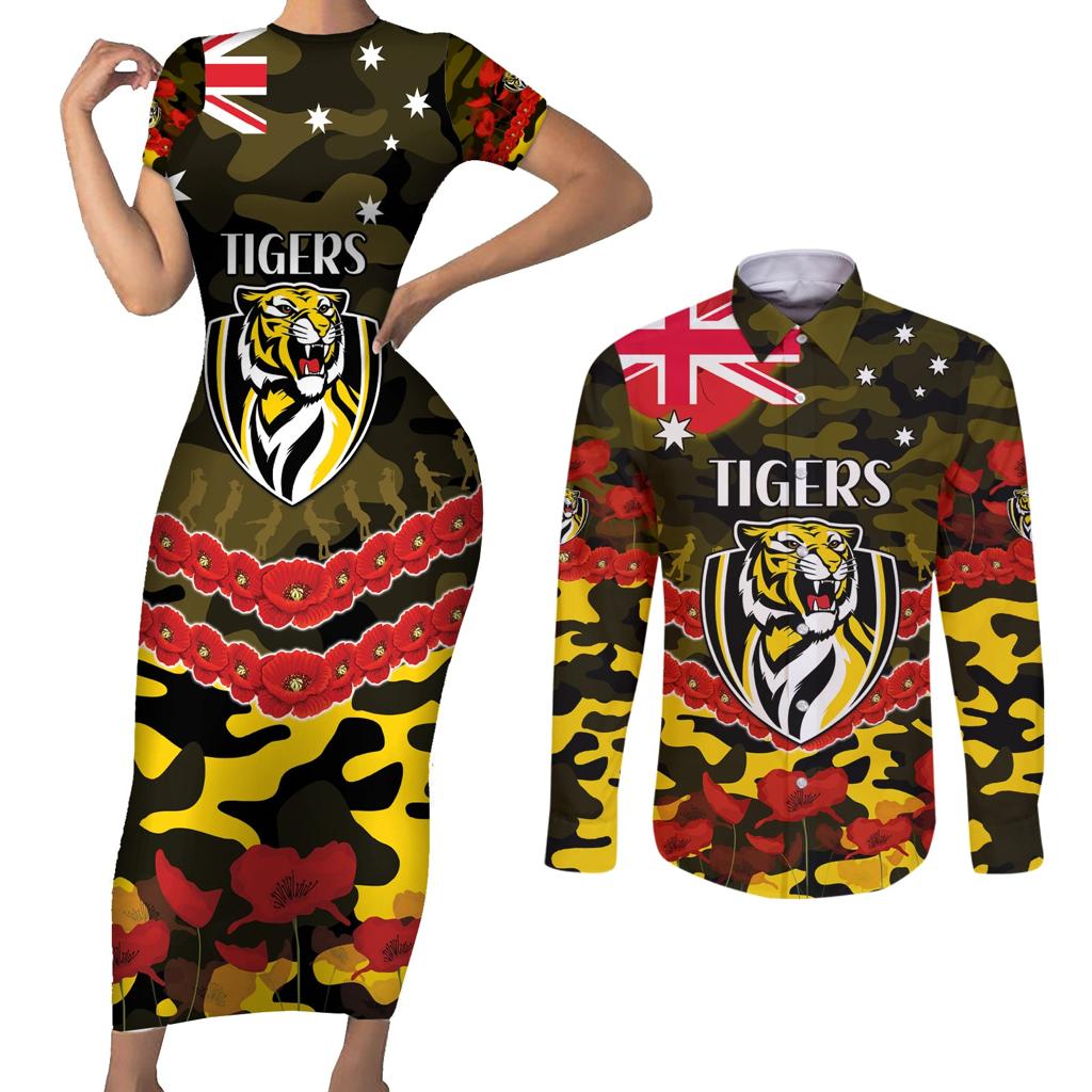 Custom Richmond Tigers Football Couples Matching Short Sleeve Bodycon Dress and Long Sleeve Button Shirt ANZAC Lest We Forget