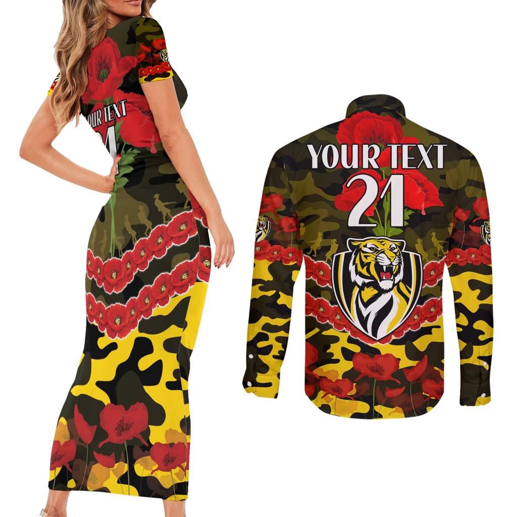 Custom Richmond Tigers Football Couples Matching Short Sleeve Bodycon Dress and Long Sleeve Button Shirt ANZAC Lest We Forget