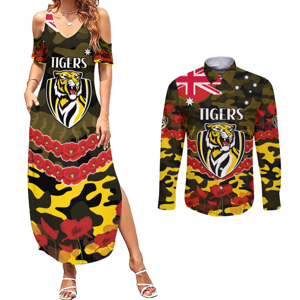 Custom Richmond Tigers Football Couples Matching Summer Maxi Dress and Long Sleeve Button Shirt ANZAC Lest We Forget