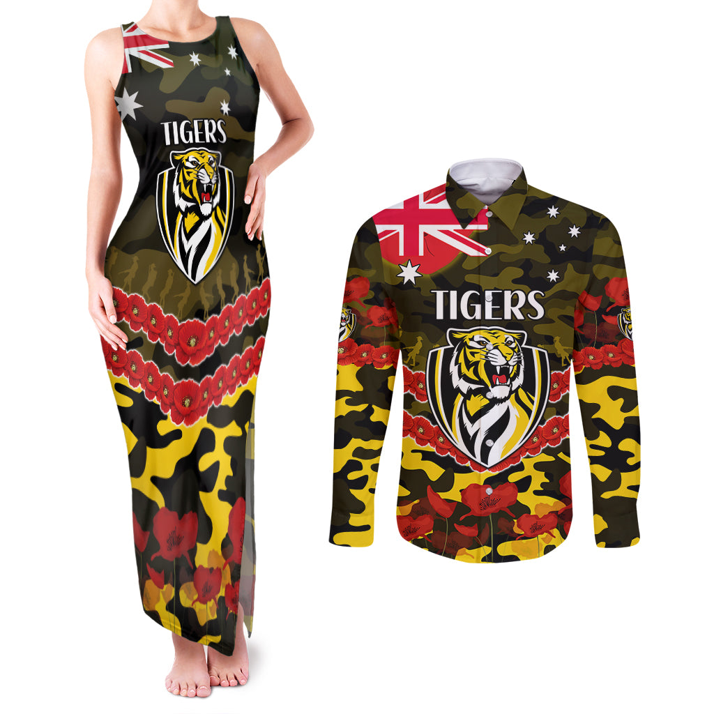 Custom Richmond Tigers Football Couples Matching Tank Maxi Dress and Long Sleeve Button Shirt ANZAC Lest We Forget
