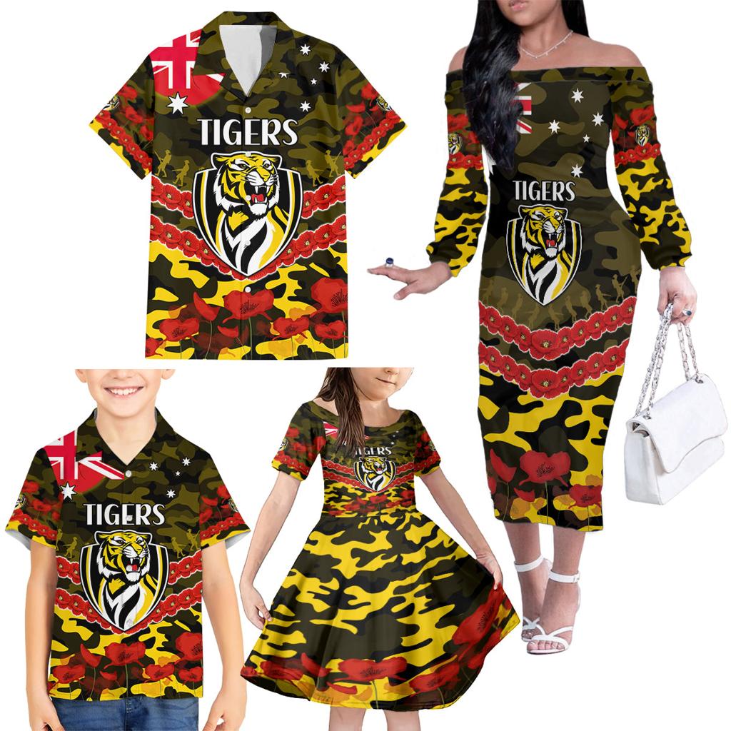 Custom Richmond Tigers Football Family Matching Off The Shoulder Long Sleeve Dress and Hawaiian Shirt ANZAC Lest We Forget