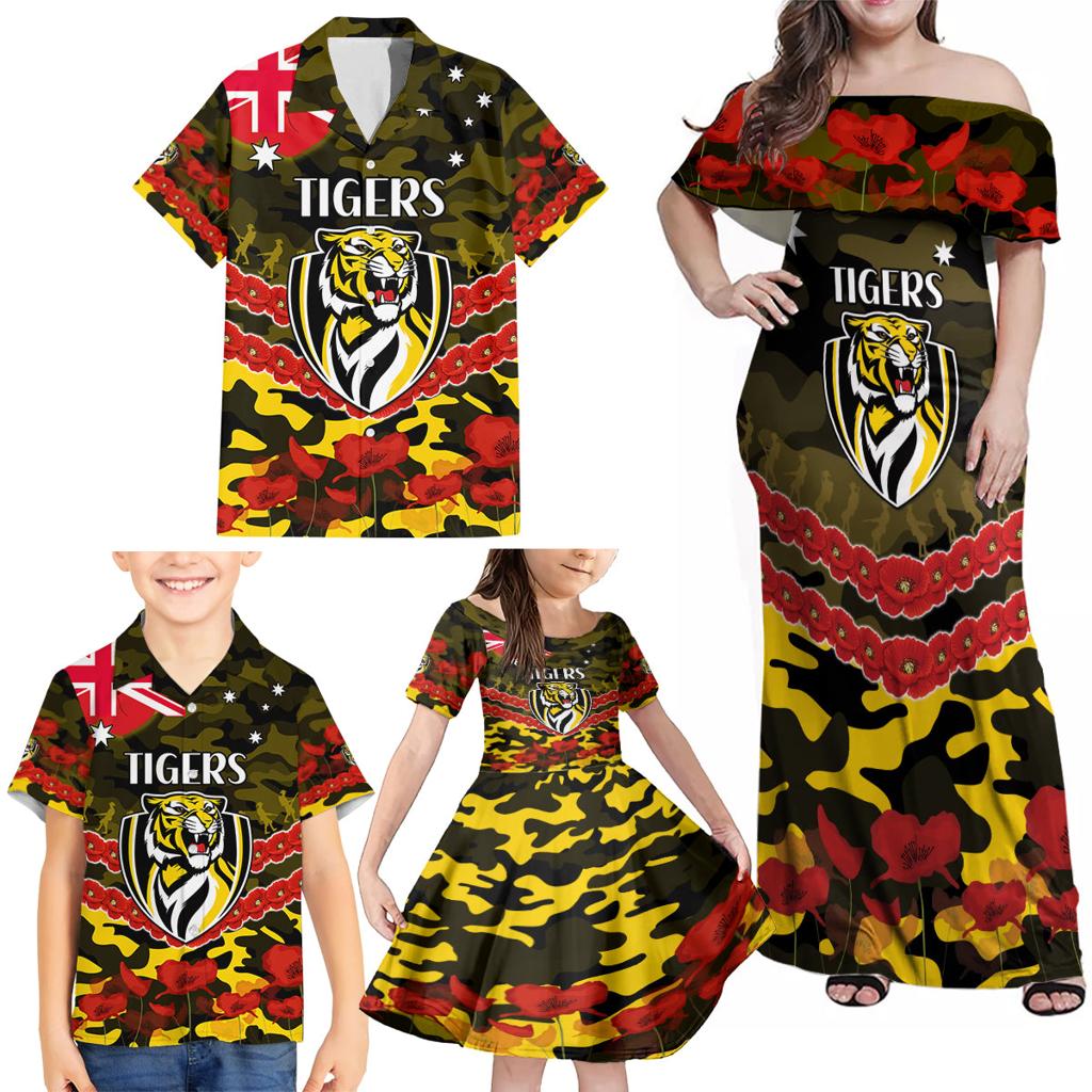 Custom Richmond Tigers Football Family Matching Off Shoulder Maxi Dress and Hawaiian Shirt ANZAC Lest We Forget