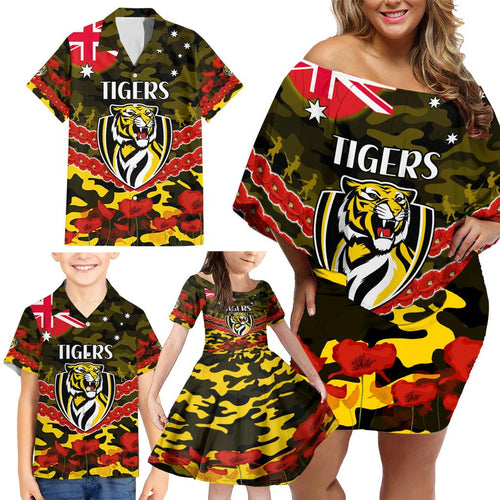 Custom Richmond Tigers Football Family Matching Off Shoulder Short Dress and Hawaiian Shirt ANZAC Lest We Forget
