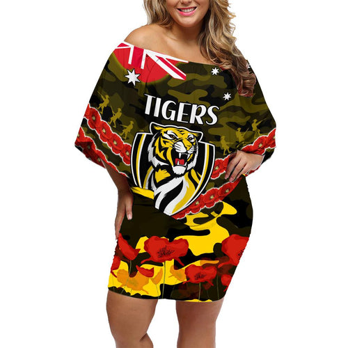 Custom Richmond Tigers Football Family Matching Off Shoulder Short Dress and Hawaiian Shirt ANZAC Lest We Forget