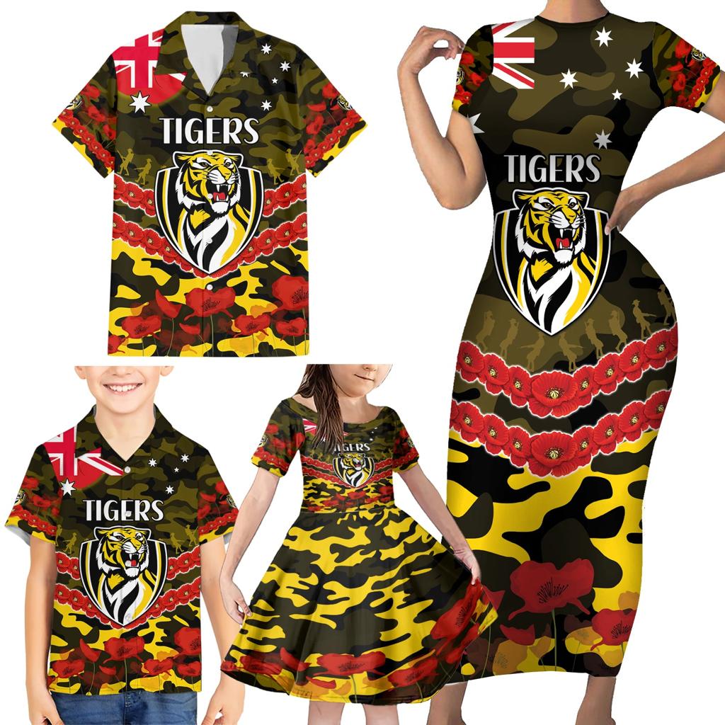 Custom Richmond Tigers Football Family Matching Short Sleeve Bodycon Dress and Hawaiian Shirt ANZAC Lest We Forget