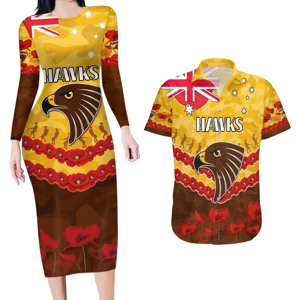 Custom Hawks Football Couples Matching Long Sleeve Bodycon Dress and Hawaiian Shirt ANZAC Lest We Forget