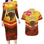 Custom Hawks Football Couples Matching Long Sleeve Bodycon Dress and Hawaiian Shirt ANZAC Lest We Forget