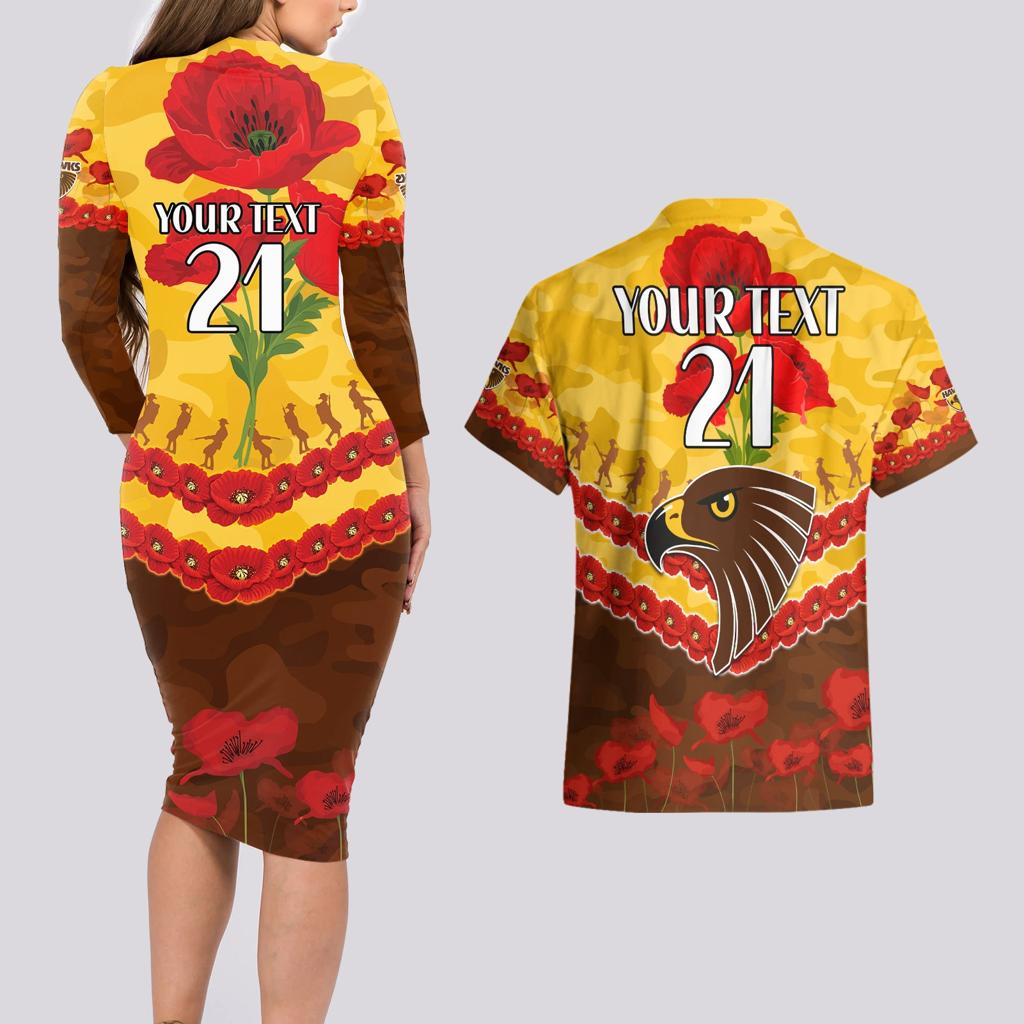 Custom Hawks Football Couples Matching Long Sleeve Bodycon Dress and Hawaiian Shirt ANZAC Lest We Forget