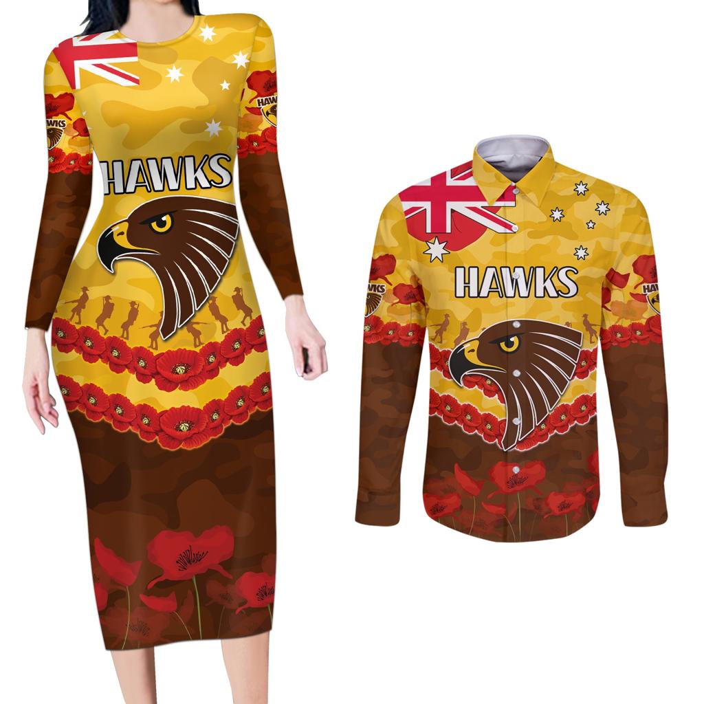 Custom Hawks Football Couples Matching Long Sleeve Bodycon Dress and Long Sleeve Button Shirt ANZAC Lest We Forget