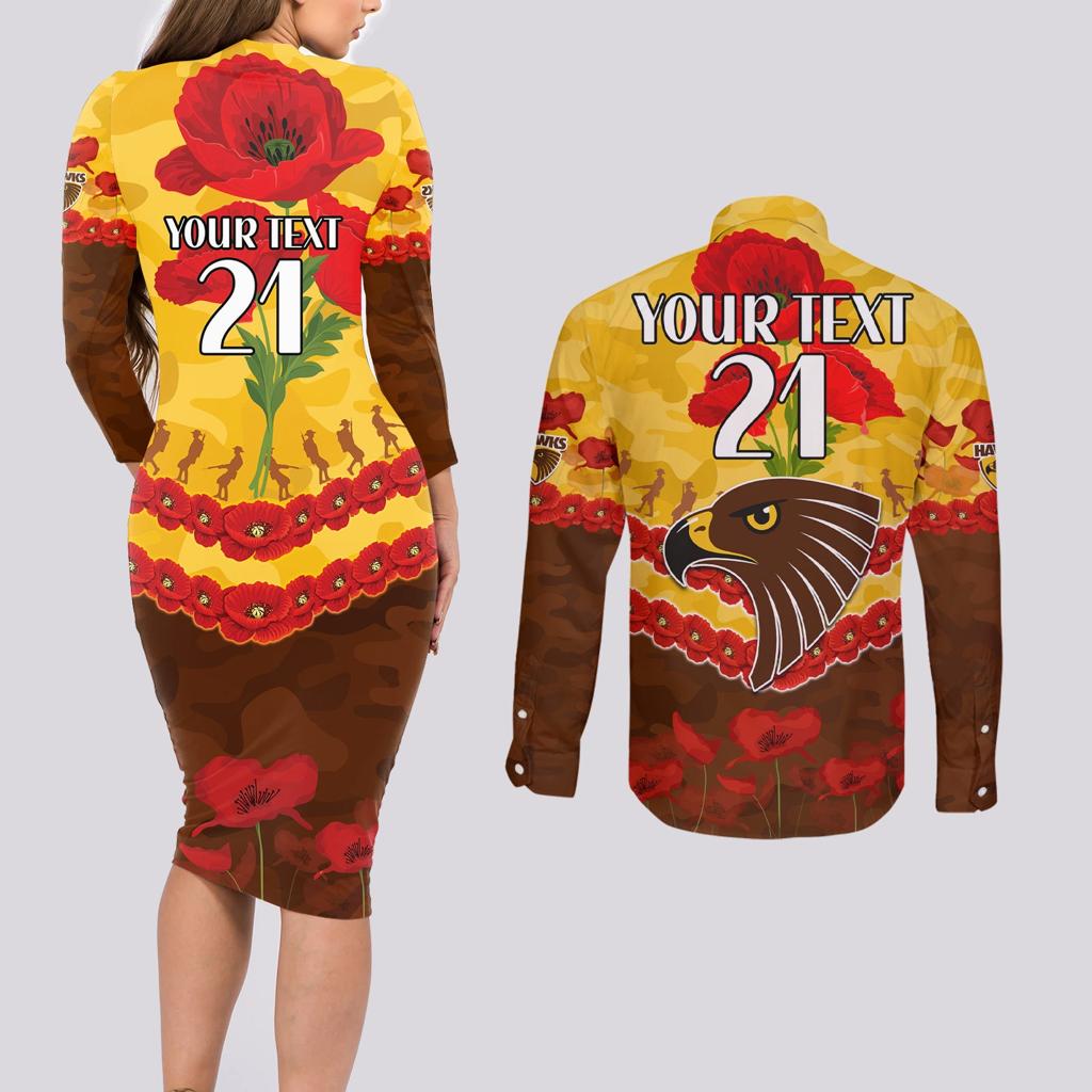 Custom Hawks Football Couples Matching Long Sleeve Bodycon Dress and Long Sleeve Button Shirt ANZAC Lest We Forget