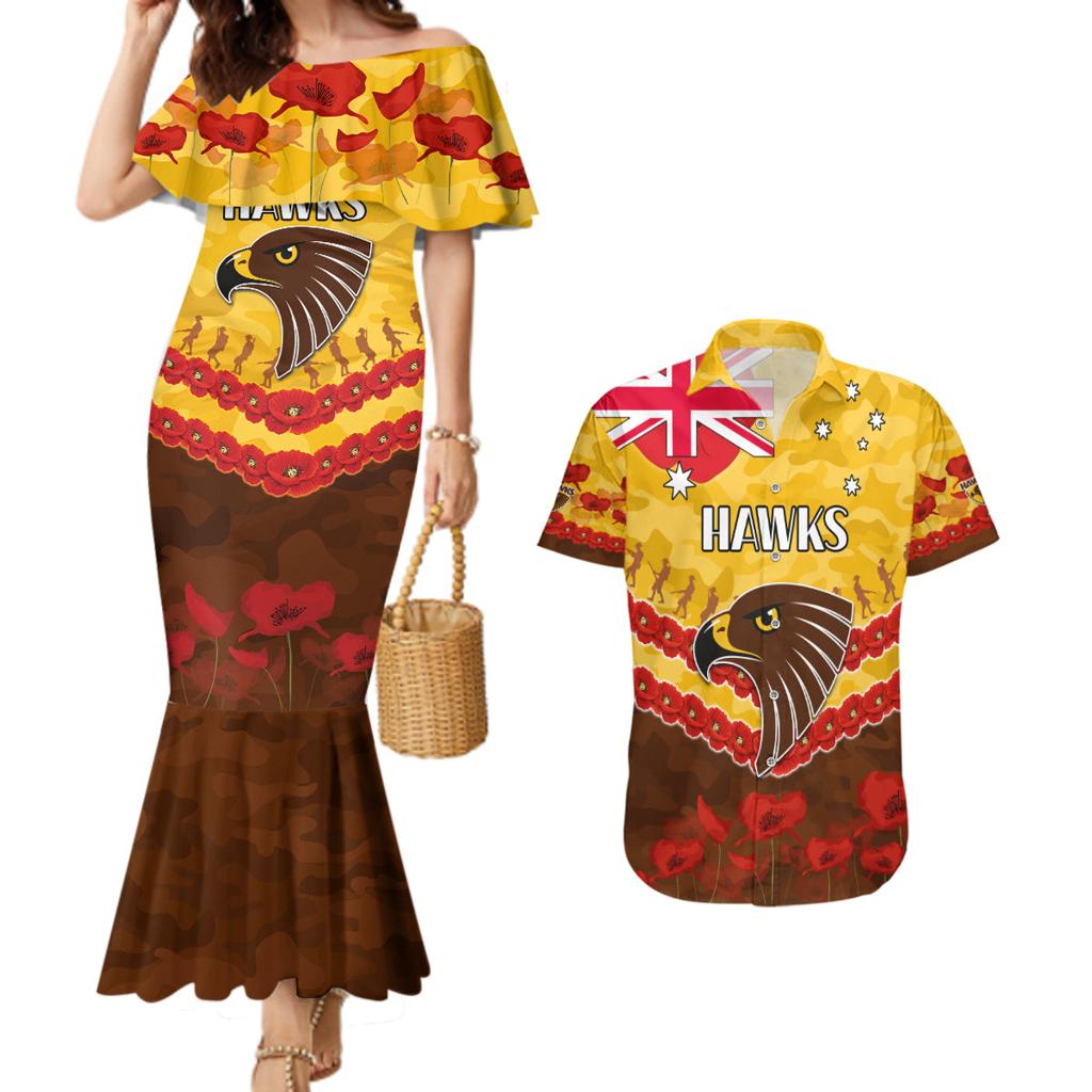 Custom Hawks Football Couples Matching Mermaid Dress and Hawaiian Shirt ANZAC Lest We Forget