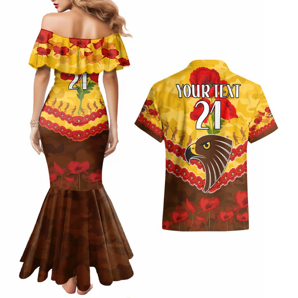Custom Hawks Football Couples Matching Mermaid Dress and Hawaiian Shirt ANZAC Lest We Forget