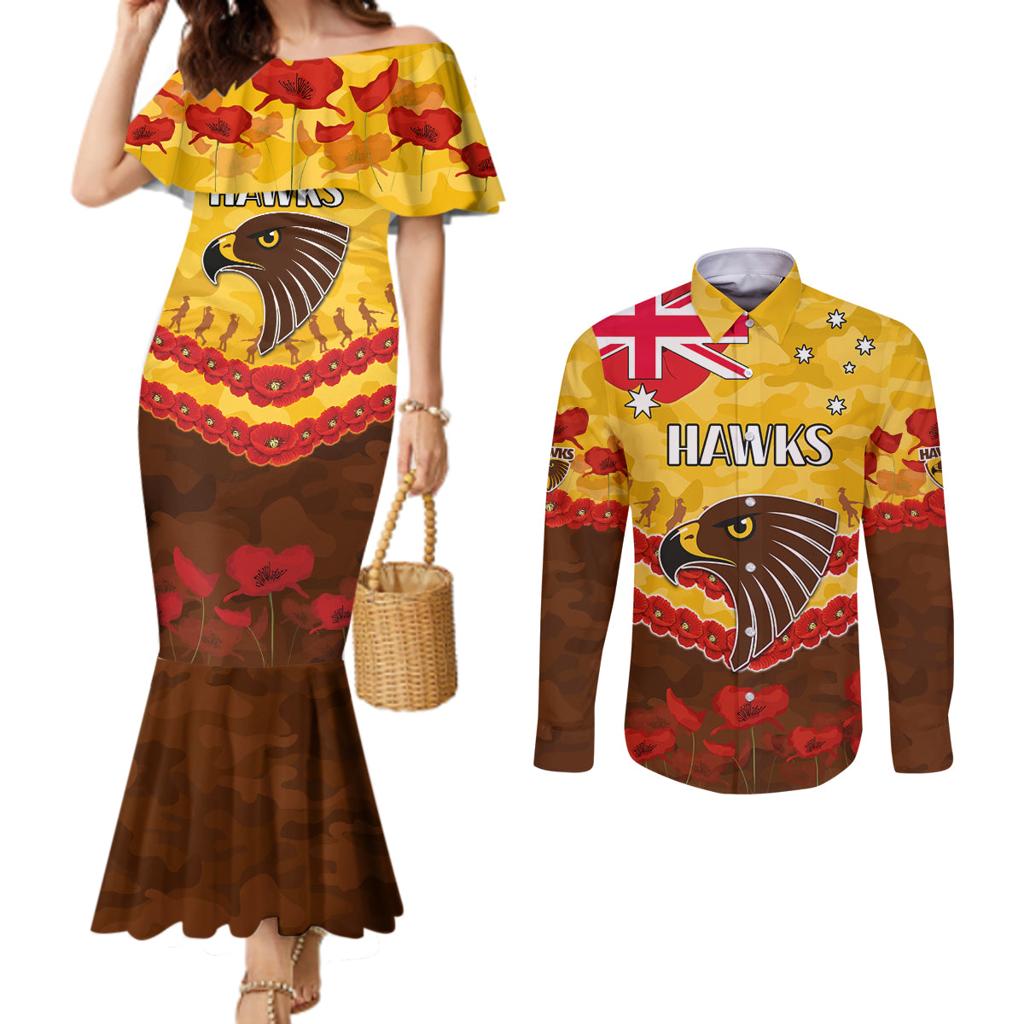 Custom Hawks Football Couples Matching Mermaid Dress and Long Sleeve Button Shirt ANZAC Lest We Forget