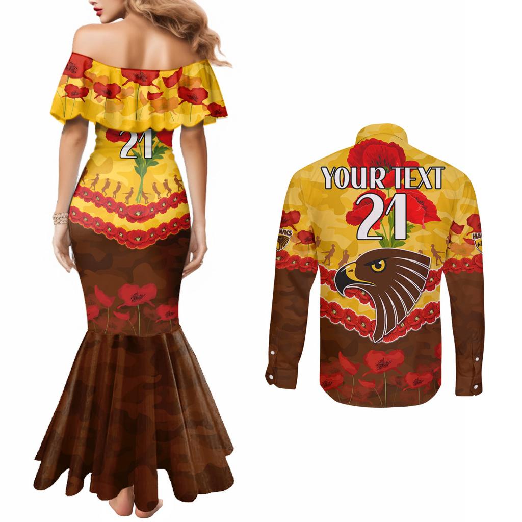 Custom Hawks Football Couples Matching Mermaid Dress and Long Sleeve Button Shirt ANZAC Lest We Forget