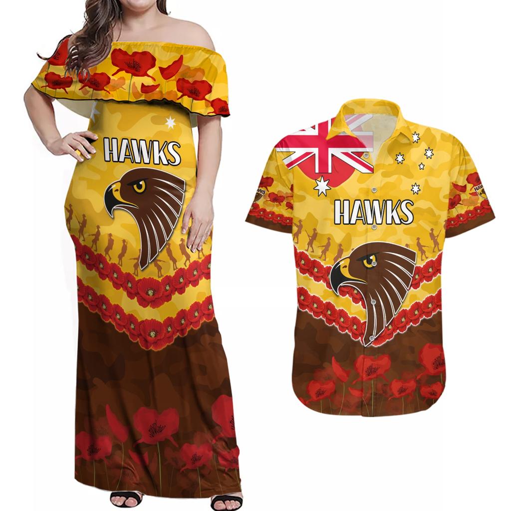 Custom Hawks Football Couples Matching Off Shoulder Maxi Dress and Hawaiian Shirt ANZAC Lest We Forget