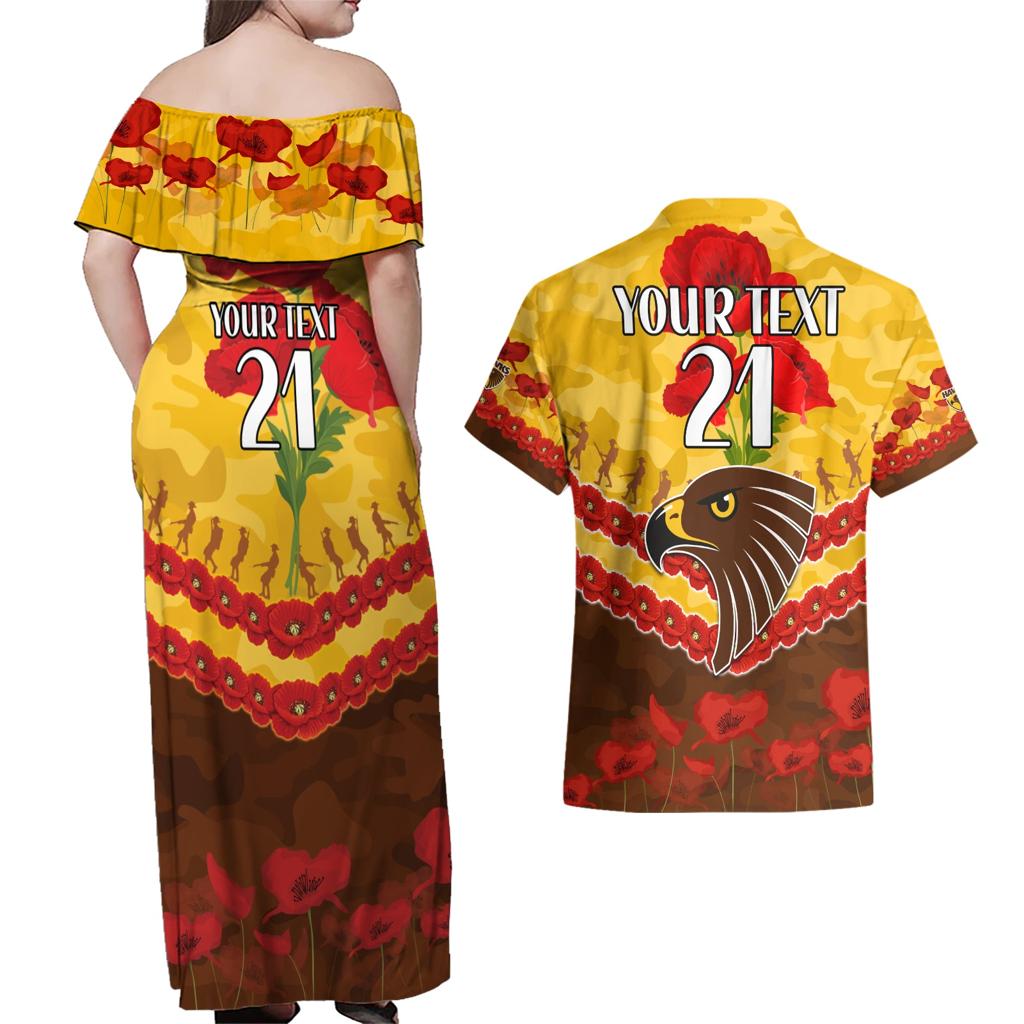Custom Hawks Football Couples Matching Off Shoulder Maxi Dress and Hawaiian Shirt ANZAC Lest We Forget