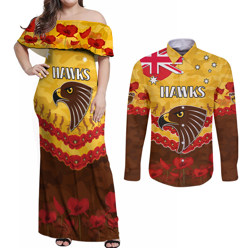 Custom Hawks Football Couples Matching Off Shoulder Maxi Dress and Long Sleeve Button Shirt ANZAC Lest We Forget