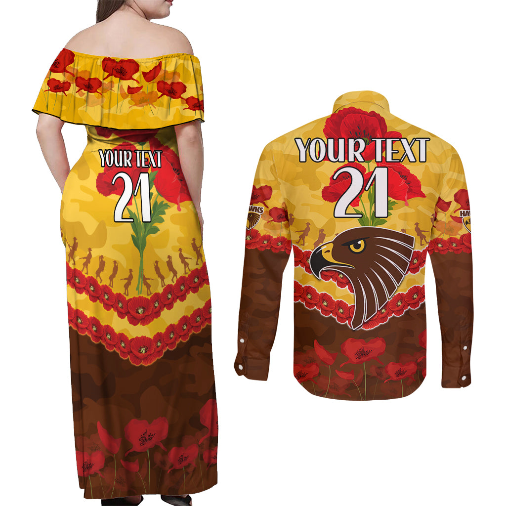 Custom Hawks Football Couples Matching Off Shoulder Maxi Dress and Long Sleeve Button Shirt ANZAC Lest We Forget