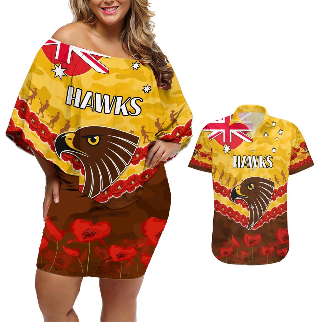 Custom Hawks Football Couples Matching Off Shoulder Short Dress and Hawaiian Shirt ANZAC Lest We Forget