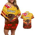 Custom Hawks Football Couples Matching Off Shoulder Short Dress and Hawaiian Shirt ANZAC Lest We Forget