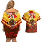 Custom Hawks Football Couples Matching Off Shoulder Short Dress and Hawaiian Shirt ANZAC Lest We Forget