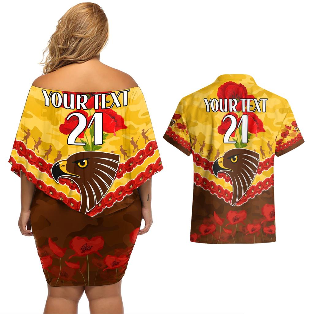 Custom Hawks Football Couples Matching Off Shoulder Short Dress and Hawaiian Shirt ANZAC Lest We Forget