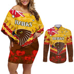 Custom Hawks Football Couples Matching Off Shoulder Short Dress and Long Sleeve Button Shirt ANZAC Lest We Forget