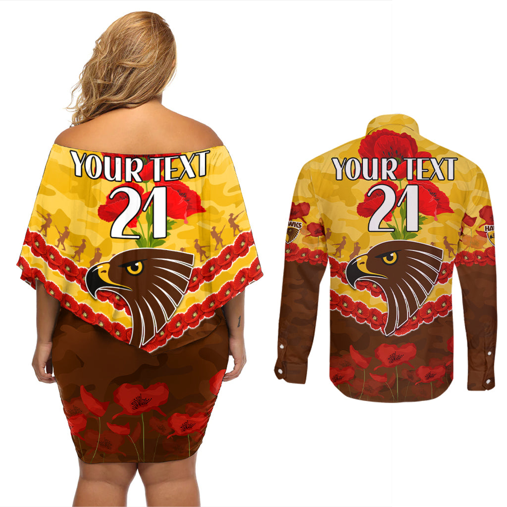 Custom Hawks Football Couples Matching Off Shoulder Short Dress and Long Sleeve Button Shirt ANZAC Lest We Forget