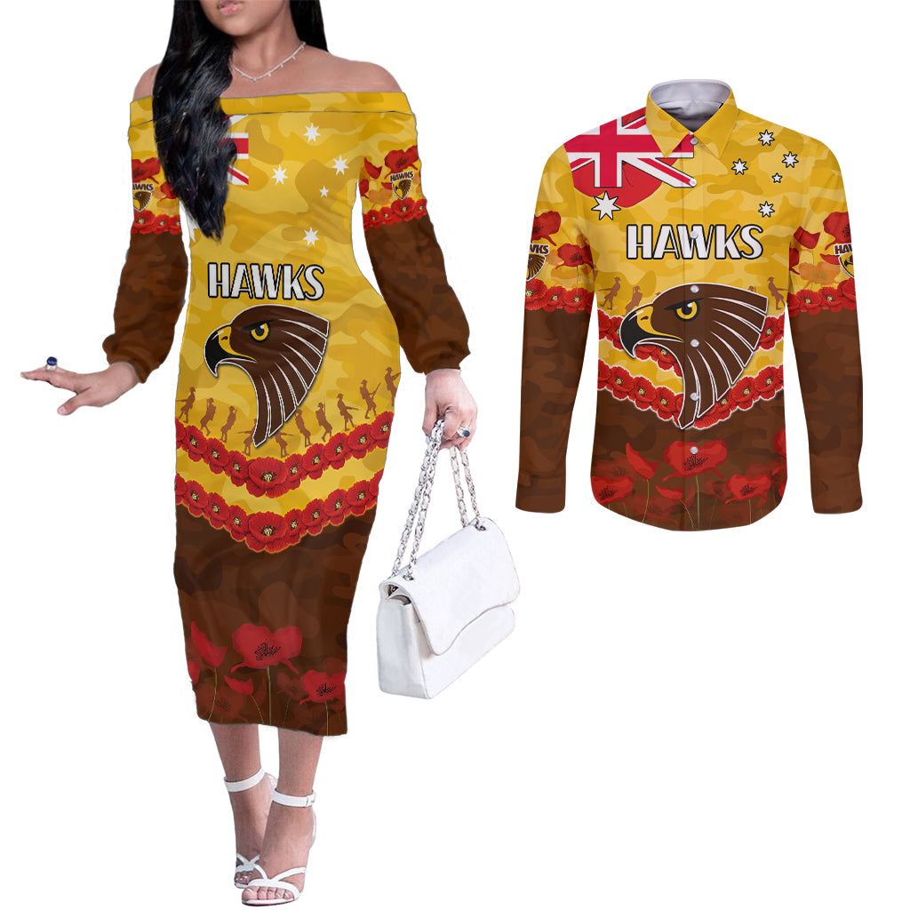 Custom Hawks Football Couples Matching Off The Shoulder Long Sleeve Dress and Long Sleeve Button Shirt ANZAC Lest We Forget