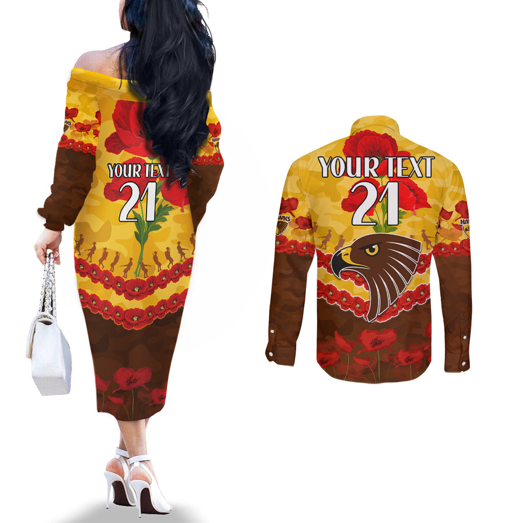 Custom Hawks Football Couples Matching Off The Shoulder Long Sleeve Dress and Long Sleeve Button Shirt ANZAC Lest We Forget