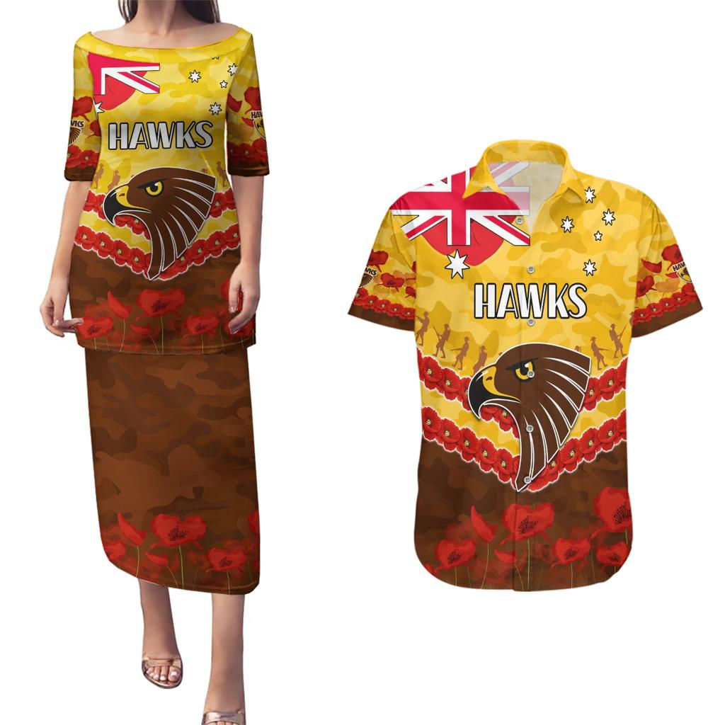 Custom Hawks Football Couples Matching Puletasi and Hawaiian Shirt ANZAC Lest We Forget