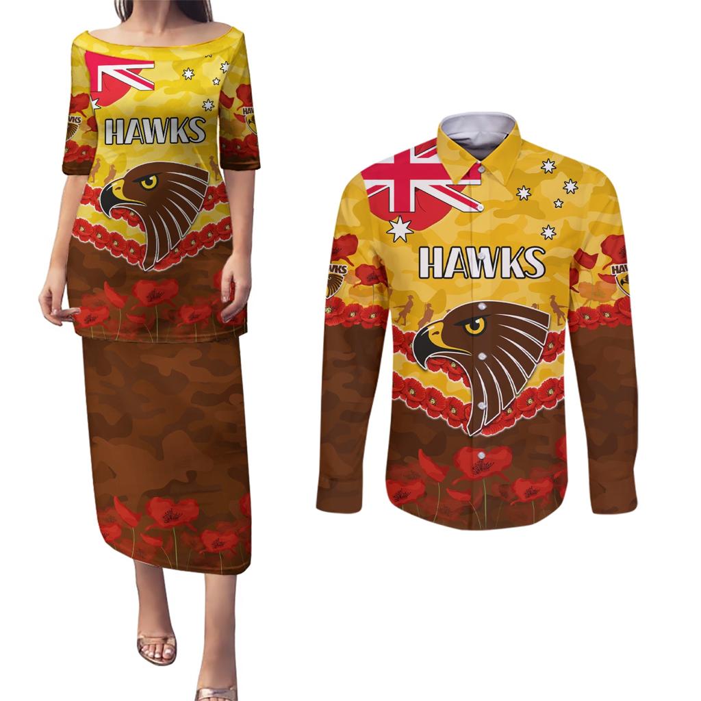 Custom Hawks Football Couples Matching Puletasi and Long Sleeve Button Shirt ANZAC Lest We Forget