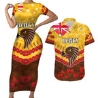 Custom Hawks Football Couples Matching Short Sleeve Bodycon Dress and Hawaiian Shirt ANZAC Lest We Forget