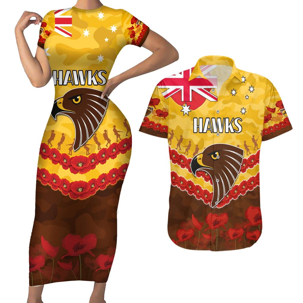 Custom Hawks Football Couples Matching Short Sleeve Bodycon Dress and Hawaiian Shirt ANZAC Lest We Forget