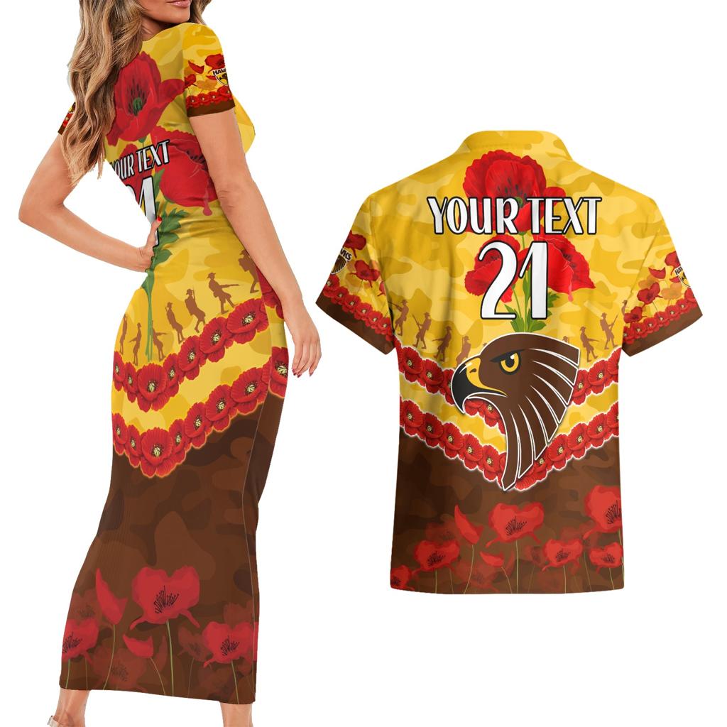 Custom Hawks Football Couples Matching Short Sleeve Bodycon Dress and Hawaiian Shirt ANZAC Lest We Forget
