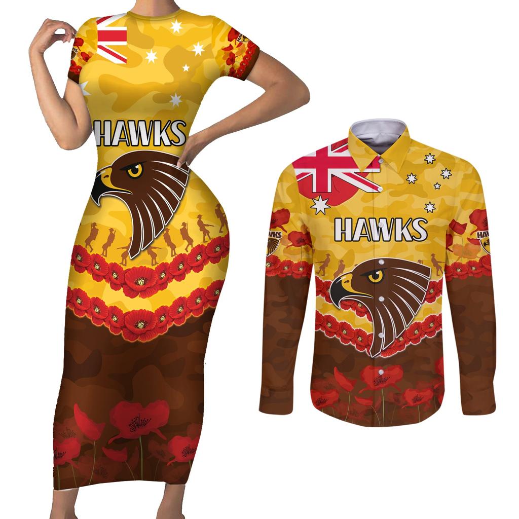 Custom Hawks Football Couples Matching Short Sleeve Bodycon Dress and Long Sleeve Button Shirt ANZAC Lest We Forget