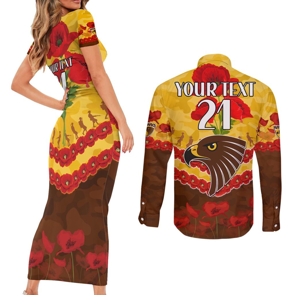 Custom Hawks Football Couples Matching Short Sleeve Bodycon Dress and Long Sleeve Button Shirt ANZAC Lest We Forget