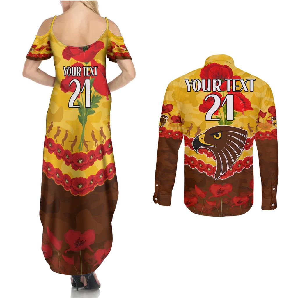 Custom Hawks Football Couples Matching Summer Maxi Dress and Long Sleeve Button Shirt ANZAC Lest We Forget