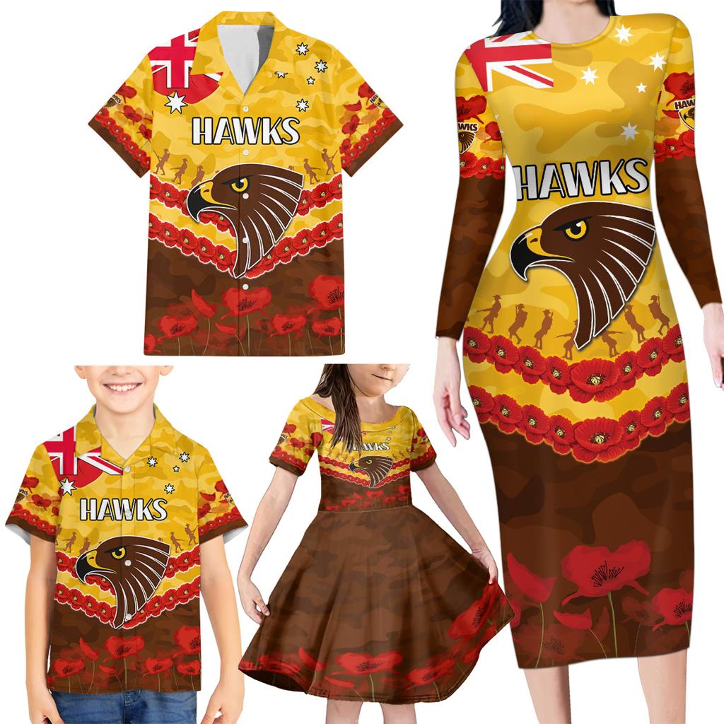 Custom Hawks Football Family Matching Long Sleeve Bodycon Dress and Hawaiian Shirt ANZAC Lest We Forget
