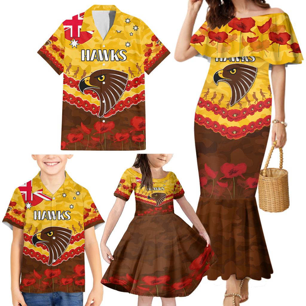 Custom Hawks Football Family Matching Mermaid Dress and Hawaiian Shirt ANZAC Lest We Forget