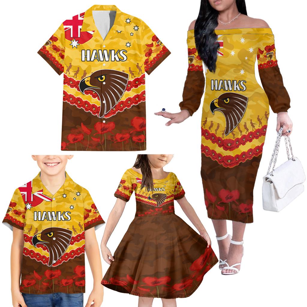 Custom Hawks Football Family Matching Off The Shoulder Long Sleeve Dress and Hawaiian Shirt ANZAC Lest We Forget